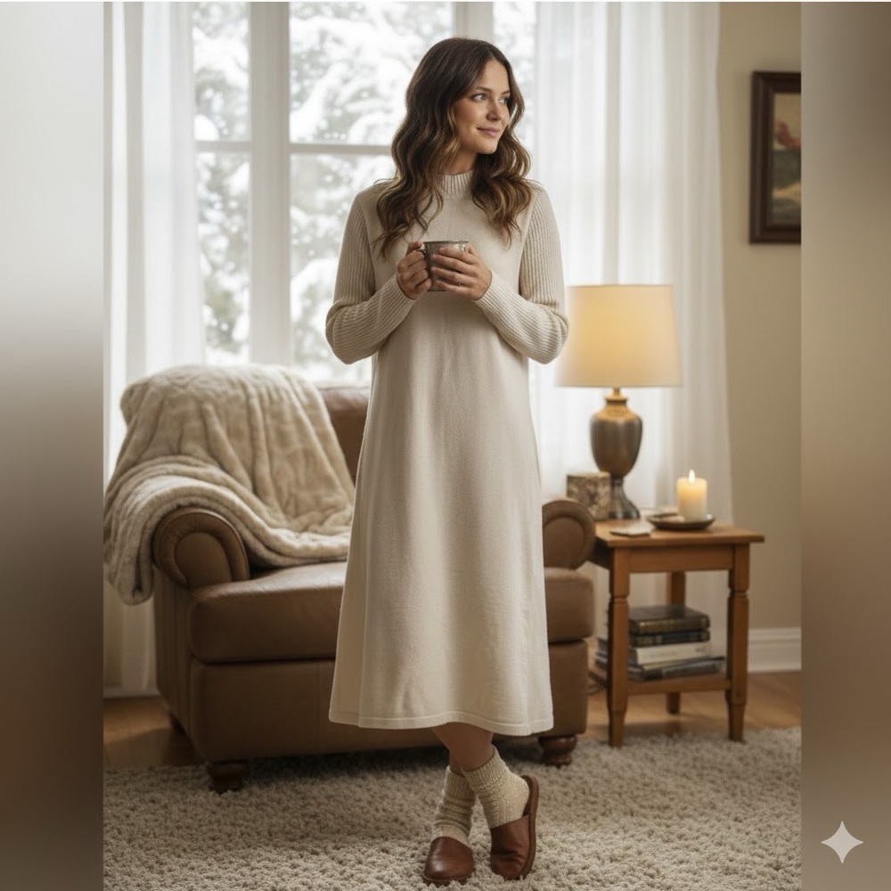 MINIBEE KNIT Cream Long Sleeve Mock Neck Sweater Dress